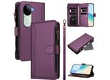 Custodia Per Vivo V40E, Con Cerniera, Portafoglio, Custodia Flip In Finto Cuoio Con Tasche Per Carte, Supporto E Passante Per Mano Viola