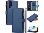 Custodia Per Vivo Y72 5G, Con Cerniera, Portafoglio Custodia Flip In Finto Cuoio Con Tasche Per Carte, Supporto E Passante Per Mano Blu