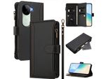 Custodia Per Vivo V40E, Flip Case In Finto Cuoio Con Cerniera E Portafoglio, Con Tasche Per Carte, Supporto E Passante Per La Mano, Nero