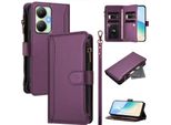 Custodia Per Vivo Y27 4G, Con Cerniera, Portafoglio In Finto Cuoio Con Tasche Per Carte, Supporto E Passante Per Mano Viola