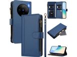 Custodia Per Vivo X100, Con Cerniera, Portafoglio Custodia Flip In Finto Cuoio Con Tasche Per Carte, Supporto E Passante Per Mano Blu