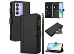 Custodia Per Vivo V30 Lite 4G, Flip Case In Finto Cuoio Con Cerniera E Portafoglio, Con Tasche Per Carte, Supporto E Passante Per La Mano Nero
