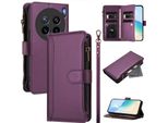 Custodia Per Vivo X200S, Con Cerniera, Portafoglio Custodia Flip In Finto Cuoio Con Tasche Per Carte, Supporto E Passante Per Mano Viola