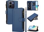 Custodia Per Vivo Y36 4G, Con Cerniera, Portafoglio Custodia Flip In Finto Cuoio Con Tasche Per Carte, Supporto E Passante Per Mano Blu