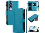 Custodia Per Vivo Y300, Con Cerniera, Portafoglio Custodia Flip In Finto Cuoio Con Tasche Per Carte, Supporto E Passante Per La Mano Lago Blu