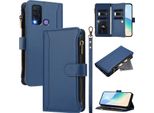 Custodia Per Vivo Y30 4G/Y50, Con Cerniera, Portafoglio Custodia Flip In Finto Cuoio Con Tasche Per Carte, Supporto E Passante Per Mano Blu