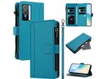 Custodia Per Vivo Y76 5G, Con Cerniera, Portafoglio Custodia Flip In Finto Cuoio Con Tasche Per Carte, Supporto E Passante Per Mano Lake Blu