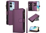 Custodia Per Vivo V29E/V30 Lite 5G, Con Cerniera, Portafoglio In Finto Cuoio Con Tasche Per Carte, Supporto E Passante Per La Mano Viola