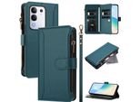 Custodia Per Vivo Y29 4G, Con Cerniera, Portafoglio Custodia Flip In Finto Cuoio Con Tasche Per Carte, Supporto E Passante Per La Mano Verde