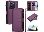 Custodia Per Vivo Y36 4G, Con Cerniera, Portafoglio In Finto Cuoio Con Tasche Per Carte, Supporto E Passante Per Mano Viola