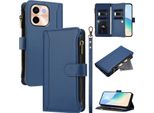 Custodia Per Vivo Y28 4G, Con Cerniera, Portafoglio Custodia Flip In Finto Cuoio Con Tasche Per Carte, Supporto E Passante Per Mano Blu