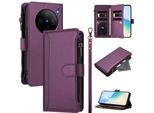 Custodia Per Vivo X100S, Con Cerniera, Portafoglio Custodia Flip In Finto Cuoio Con Tasche Per Carte, Supporto E Passante Per La Mano Viola