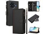 Custodia Per Tecno Spark 20 Pro+, Con Cerniera, Portafoglio Custodia Flip In Finto Cuoio Con Tasche Per Carte, Supporto E Passante Per Mano Nero