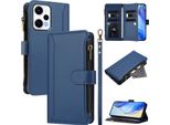 Custodia Per Xiaomi Poco F5/Redmi Note 12 Turbo, Con Cerniera, Portafoglio Custodia Flip In Finto Cuoio Con Tasche Per Carte, Supporto E Passante Per Mano Blu