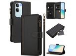 Custodia Per Vivo Y19S/Y29, Flip Case In Finto Cuoio Con Cerniera E Portafoglio, Con Tasche Per Carte, Supporto E Passante Per La Mano Nero