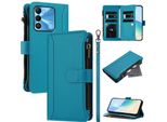 Custodia Per Tecno Spark Go 2022/Spark 8C/Spark 9, Con Cerniera, Portafoglio Custodia Flip In Finto Cuoio Con Tasche Per Carte, Supporto E Passante Per Mano Lake Blu