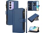 Custodia Per Vivo V30 Lite 4G, Con Cerniera, Portafoglio Custodia Flip In Finto Cuoio Con Tasche Per Carte, Supporto E Passante Per Mano Blu