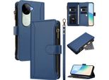 Custodia Per Vivo V40E, Con Cerniera, Portafoglio Custodia Flip In Finto Cuoio Con Tasche Per Carte, Supporto E Passante Per Mano Blu