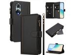 Custodia Per Huawei Nova 9/Honor 50, Con Cerniera, Portafoglio In Finto Cuoio Con Tasche Per Carte, Supporto E Passante Per La Mano Nero