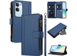 Custodia Per Vivo Y19S/Y29, Con Cerniera, Portafoglio Custodia Flip In Finto Cuoio Con Tasche Per Carte, Supporto E Passante Per Mano Blu
