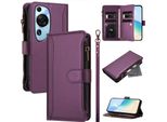Custodia Per Huawei P60 Art, Con Cerniera, Portafoglio In Finto Cuoio Con Tasche Per Carte, Supporto E Passante Per Mano Viola