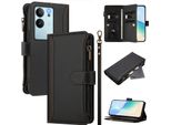 Custodia Per Vivo V29E/V30 Lite 5G, Flip Case In Finto Cuoio Con Cerniera E Portafoglio, Con Tasche Per Carte, Supporto E Passante Per La Mano Nero