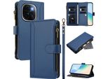 Custodia Per Vivo T3 Pro, Con Cerniera, Portafoglio Custodia Flip In Finto Cuoio Con Tasche Per Carte, Supporto E Passante Per Mano Blu