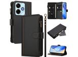 Custodia Per Xiaomi Poco M6 4G/Redmi 13/Redmi 13 5G, Con Cerniera, Portafoglio In Finto Cuoio Con Tasche Per Carte, Supporto E Passante Per Mano Nero