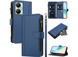 Custodia Per Vivo Y27 4G, Con Cerniera, Portafoglio Custodia Flip In Finto Cuoio Con Tasche Per Carte, Supporto E Passante Per La Mano Blu