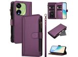 Custodia Per Itel P55 5G, Con Cerniera, Portafoglio Custodia Flip In Finto Cuoio Con Tasche Per Carte, Supporto E Passante Per Mano Viola