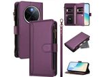 Custodia Per Vivo Y300 Pro, Con Cerniera, Portafoglio In Finto Cuoio Con Tasche Per Carte, Supporto E Passante Per Mano Viola