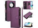 Custodia Per Huawei Mate 60 Pro/Mate 60 Pro+, Con Cerniera, Portafoglio In Finto Cuoio Con Tasche Per Carte, Supporto E Passante Per La Mano Viola