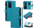 Custodia Per Huawei P40 Pro, Con Cerniera, Portafoglio In Finto Cuoio Con Tasche Per Carte, Supporto E Passante Per La Mano Lake Blu