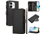 Custodia Per Tecno Spark 30C 5G/Pop 9 5G, Con Zip, Portafoglio Custodia Flip In Finto Cuoio Con Tasche Per Carte, Supporto E Passante Per La Mano Nero