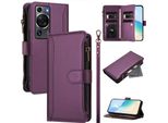 Custodia Per Huawei P60/P60 Pro, Con Cerniera, Portafoglio In Finto Cuoio Con Tasche Per Carte, Supporto E Passante Per La Mano Viola