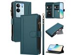 Custodia Per Vivo V29E/V30 Lite 5G, Con Cerniera, Portafoglio Custodia Flip In Finto Cuoio Con Tasche Per Carte, Supporto E Passante Per La Mano Verde