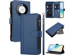 Custodia Per Huawei Mate 60, Con Cerniera, Portafoglio In Finto Cuoio Con Tasche Per Carte, Supporto E Passante Per La Mano Blu