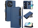 Custodia Per Tecno Spark 10C/Spark 10 4G, Con Cerniera, Portafoglio Custodia Flip In Finto Cuoio Con Tasche Per Carte, Supporto E Passante Per Mano Blu