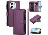 Custodia Per Tecno Spark 30 5G, Con Cerniera, Portafoglio Custodia Flip In Finto Cuoio Con Tasche Per Carte, Supporto E Passante Per Mano Viola