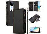 Custodia Per Vivo S19, Con Cerniera, Portafoglio Custodia Flip In Finto Cuoio Con Tasche Per Carte, Supporto E Passante Per Mano Nero