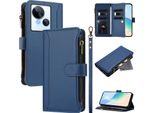 Custodia Per Tecno Spark 10 5G, Con Cerniera, Portafoglio Custodia Flip In Finto Cuoio Con Tasche Per Carte, Supporto E Passante Per Mano Blu