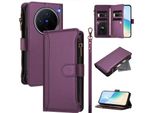 Custodia Per Vivo X200, Con Cerniera, Portafoglio Custodia Flip In Finto Cuoio Con Tasche Per Carte, Supporto E Passante Per Mano Viola