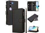 Custodia Per Vivo Y300, Con Cerniera, Portafoglio Custodia Flip In Finto Cuoio Con Tasche Per Carte, Supporto E Passante Per Mano Nero
