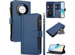 Custodia Per Huawei Mate 60 Pro/Mate 60 Pro+, Con Cerniera, Portafoglio In Finto Cuoio Con Tasche Per Carte, Supporto E Passante Blu