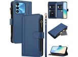 Custodia Per Tecno Spark Go 2022/Spark 8C/Spark 9, Con Cerniera, Portafoglio Custodia Flip In Finto Cuoio Con Tasche Per Carte, Supporto E Passante Per Mano Blu