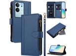 Custodia Per Vivo V29E/V30 Lite 5G, Con Cerniera, Portafoglio Custodia Flip In Finto Cuoio Con Tasche Per Carte, Supporto E Passante Per Mano Blu