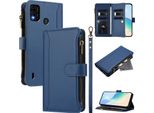 Custodia Per Itel A48, Con Cerniera, Portafoglio Custodia Flip In Finto Cuoio Con Tasche Per Carte, Supporto E Passante Per Mano Blu