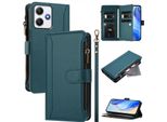 Custodia Per Xiaomi Redmi 12/Redmi 12 5G/Poco M6 Pro 5G, Con Cerniera, Portafoglio Custodia Flip In Finto Cuoio Con Tasche Per Carte, Supporto E Passante Per Mano Verde