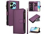 Custodia Per Itel S23+, Con Cerniera, Portafoglio Custodia Flip In Finto Cuoio Con Tasche Per Carte, Supporto E Passante Per Mano Viola