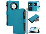Custodia Per Huawei Mate 60, Con Cerniera, Portafoglio In Finto Cuoio Con Tasche Per Carte, Supporto E Passante Per La Mano Blu Lago